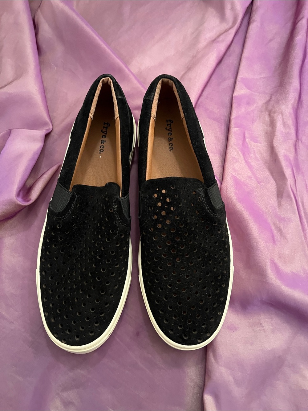 FRYE AND CO. Black Perforated Suede Slip-On Sneakers